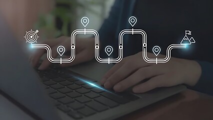 Business and Project Roadmap Concept. Typing on a laptop with roadmap overlay representing steps in a project or strategic planning process. Waypoint icons and ends with goal achievement. Goal