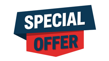 Bold Red and Blue Ribbon Banner Announcing Special Offer with White Text on Dark Blue and Red Backgrounds