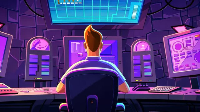 Tech Operator at Work: A tech operator concentrates on his screens. The dim lighting highlights the cool tones of the equipment. 