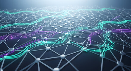 Dynamic visualization of a digital network showing data flow and connections between multiple points.