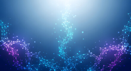 Abstract blue and purple technological background with glowing connected dots and network lines, representing data flow and digital connections.