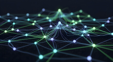 Abstract representation of a complex digital network with glowing interconnected nodes and lines on a dark background, symbolizing data flow and technology.