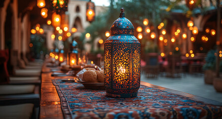 A Culturally Rich Christmas Scene with Bright Lights, Rich Table Decoration, and Local Sweets, Reflecting Warmth and Tradition