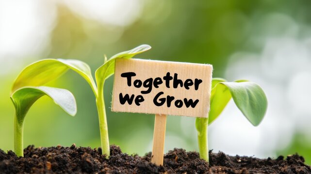 Green seedlings sprouting from soil with together we grow sign, teamwork and sustainability concept, eco growth symbol on blurred natural background, agriculture and community development message - Powered by Adobe