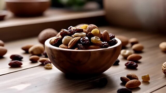 A closeup shot of a wooden bowl filled with assorted nuts and dried fruits. The bowl is placed on a wooden surface, and the background is blurred, emphasizing the bowl and its contents.