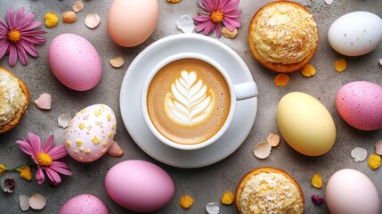 A Beautiful Easter Brunch Table Set with Pastel Decorations, Fresh Pastries, and Colorful Eggs