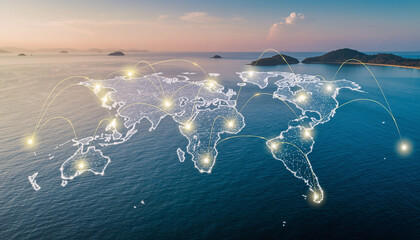 Digital global connection map glowing above calm ocean at sunrise