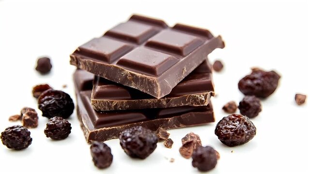 A closeup view of a stack of dark chocolate bars with a few dried prunes scattered around. The chocolates are dark brown, with a glossy finish, and the prunes are a deep, dark brown.