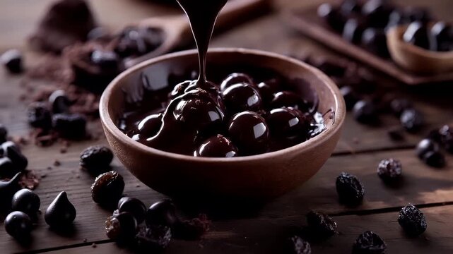 A closeup shot of a bowl filled with glossy chocolate cherries being poured into it. The bowl is placed on a wooden surface, and the cherries are a rich brown color.