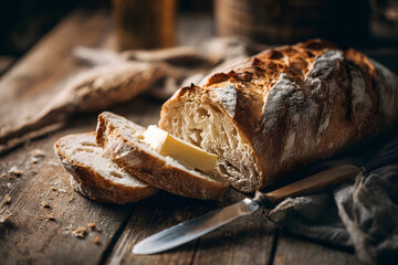 Freshly sliced bread with butter on a rustic wooden table in a cozy kitchen setting