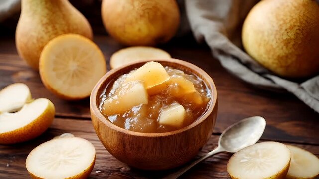 A closeup shot of a wooden bowl filled with a goldenbrown liquid containing diced apples. The apples are arranged in a circular pattern, with some of them partially submerged in the liquid.