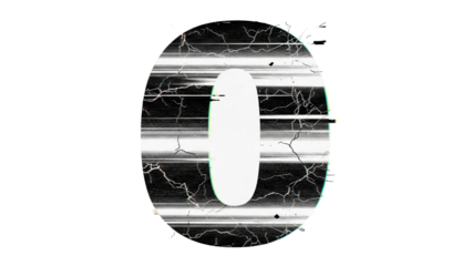 Glitch VHS letter O with overexposed noise bands and harsh static crackle on white