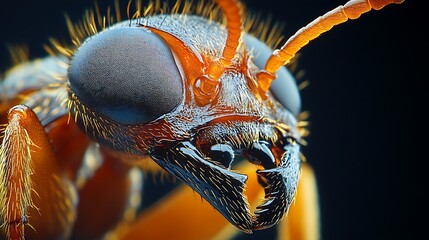 A detailed macro portrait reveals an ant's powerful mandibles and antennae.