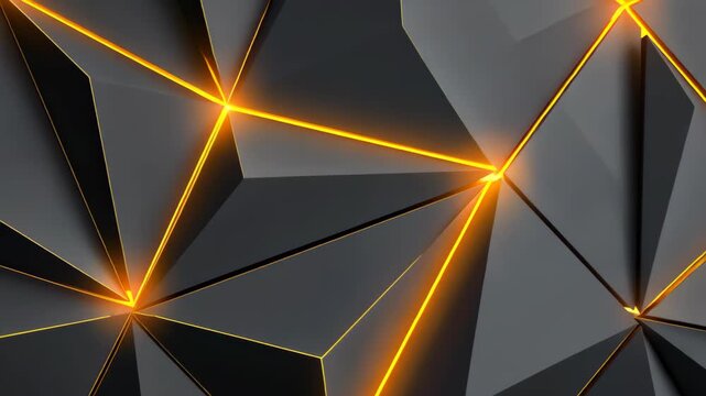Geometric Harmony: Intricate patterns of interconnected black polygonal shapes and neon-orange lines creating a modern and abstract composition, evoking a sense of technological advancement.