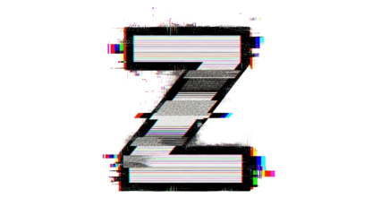 Glitch VHS letter Z with heavy distortion burst and noisy interference on white background