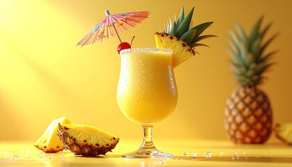 Frosted tropical beverage garnished with fruit and a decorative paper parasol sits against a bright yellow background