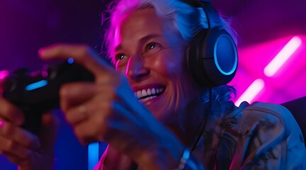 Excited senior woman gamer laughing while playing video games with headphones and controller in neon light - Powered by Adobe