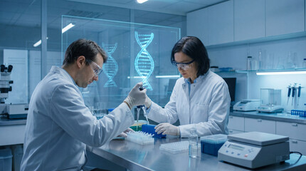Team of scientists working on genetic research in a futuristic laboratory