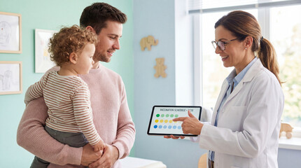 Female pediatrician explaining vaccination schedule to a father and toddler