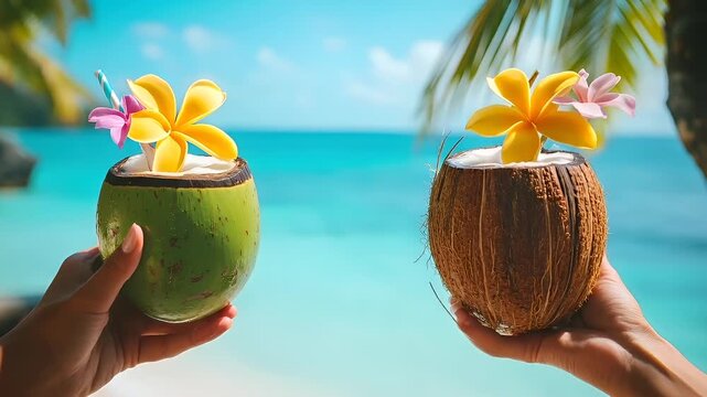 Aerial view of hands holding coconuts by a swimming pool with turquoise water and palm trees in the background.