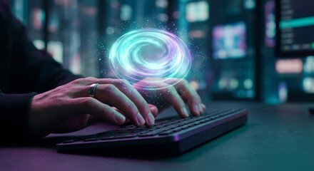 Futuristic digital creation with hands on a keyboard