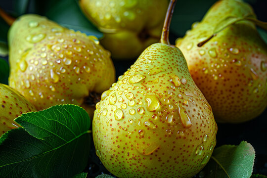a close-up of yellow pears with water droplets on them, with green leaves and other pear fruits in the background, creating an elegant atmosphere. the photographic style is high-definition - Powered by Adobe