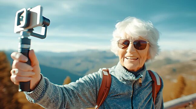 Active senior woman recording travel vlog with smartphone on gimbal stabilizer while hiking in sunny mountains