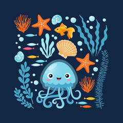 Vector Sea Life Poster with Cartoon Jellyfish, Colorful Underwater Elements, Seaweed, Seashells, Starfish, Small Fish, Bubbles on Dark Blue Background &mdash; Ocean Marine Illustration.