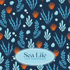 Vector Seamless Pattern of Sea Plants, Seaweeds, Corals, Seashells and Bubbles on a Dark Blue Background. Marine Botanical Underwater print
