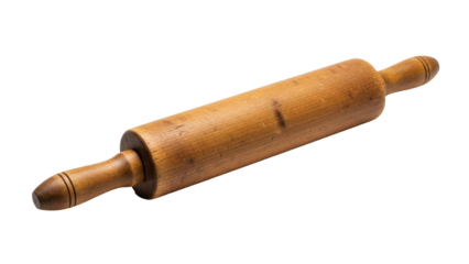 Isolated wooden rolling pin, rustic kitchen utensil photography, clean white background