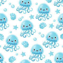 Vector seamless pattern of cute, cartoon cheerful jellyfish against a white background with bubbles, seashells and sparkling blue stars around. Underwater theme.