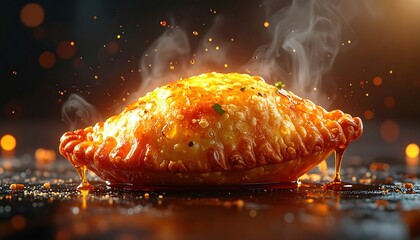 Deliciously golden baked pastry exudes savory steam and rich drippings on a dark surface