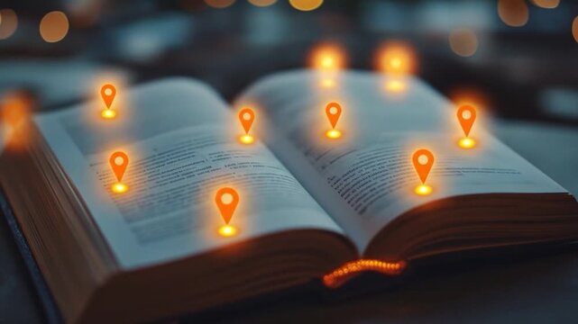 Open book with glowing location pins, hinting at stories, exploration, and knowledge. Bokeh background