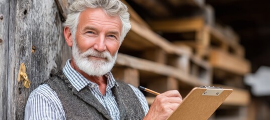 Businessman Inspecting Inventory and Taking Notes in a Rustic Country Workshop Environment