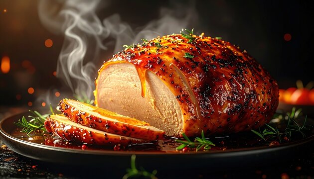 Glazed roasted meat joint rests steaming on a dark platter garnished with herbs