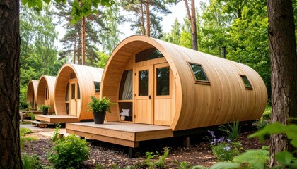 Naklejka premium Wooden glamping cabins with terrace in green forest, eco friendly holiday lodging and nature retrea