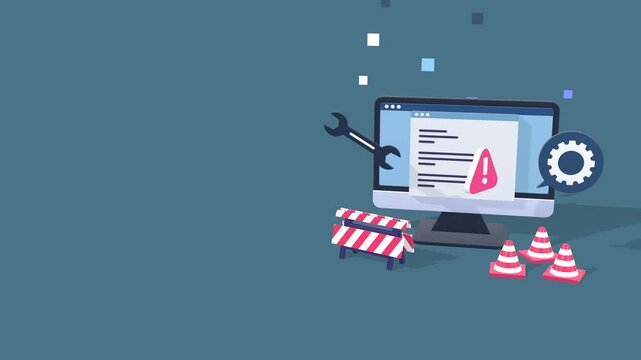 Animated Website Under Maintenance Featuring Error Messages, Warning Signs, And Traffic cones, With Copy Space For Text, Illustrating Downtime, Technical Updates, Or Redesigns.