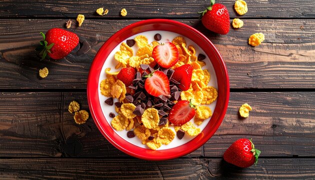 Bright red bowl filled with breakfast cereal milk and fresh strawberries rests on dark wooden planks - Powered by Adobe
