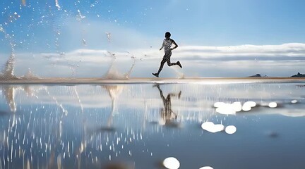 Silhouette of runner sprinting on water with mirror reflection and splashes against blue sky
