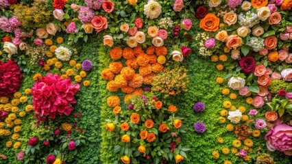 A colorful floral wall with blooming flowers in shades of pink, yellow and orange, surrounded by lush greenery