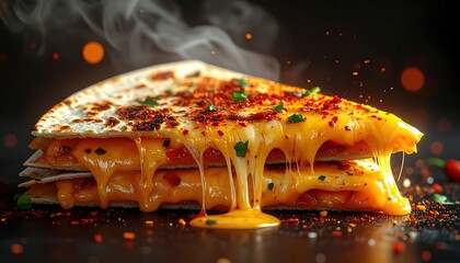 Stack of triangular flatbread wedges oozing with melted orange cheese and sprinkled with spices