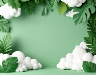 Tropical green leaves and white clouds forming eco frame on pastel green background