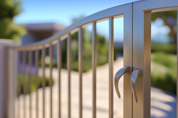Elegant metal gate with curved handles in sunlit garden setting
