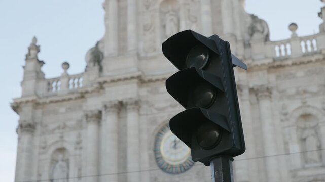 Daylight Traffic Signal Set Before Classic Architecture in Paris France