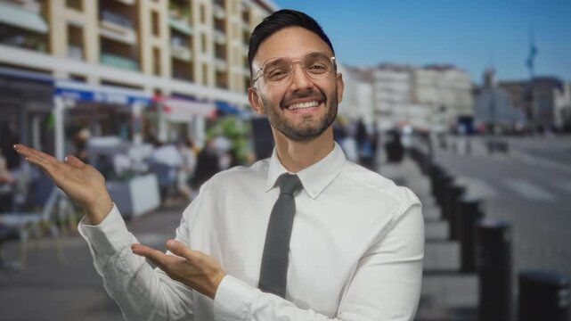 Hispanic man in glasses and tie smiling and gesturing on an urban street with lively cityscape in background showing a bustling atmosphere.