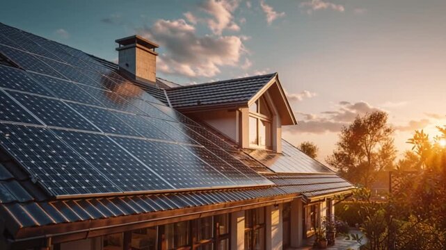 Photovoltaic (PV) solar panels installed on a roof of a modern house at golden hour, concept of renewable energy