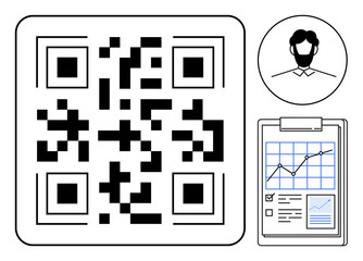 Digital identification, business analytics, data management, information sharing, technology, verification. QR code with a person icon and clipboard graph. Digital identification and business © robu_s