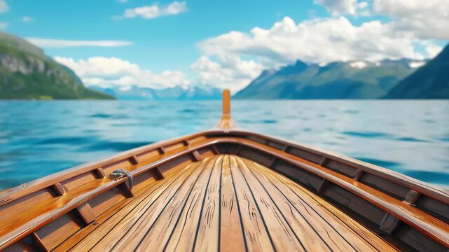 A Journey of Serenity: A wooden boat glides across a tranquil lake, its prow cutting through the shimmering water towards majestic mountains, the sky painted with vibrant blues and fluffy clouds.