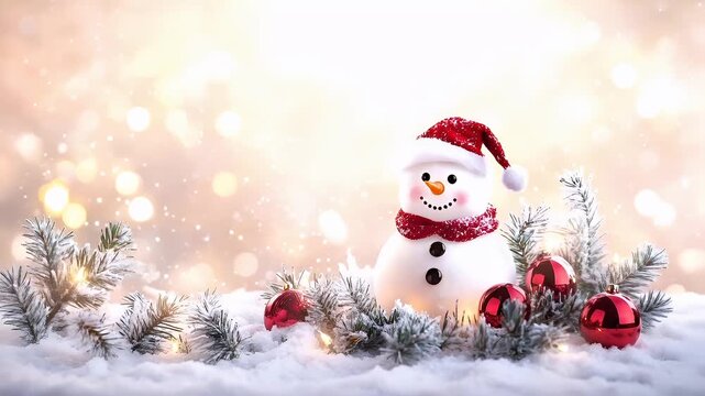 Winter holiday celebration concept. Christmas New Year. A festive snowman with a red hat and scarf stands amidst a snowy landscape. The snowman is adorned with red baubles and a matching red scarf.