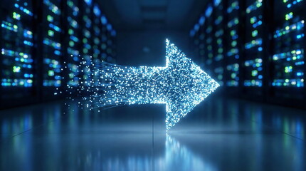 Futuristic blue particle arrow flowing in a server room, depicting digital data transfer, network technology, and technological progress.